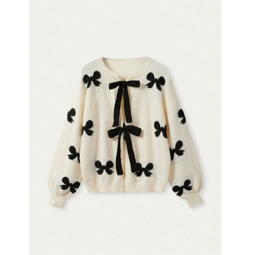 Off White Cardigan With Black Front Ties and Bow Print Pattern Oversized - Picture 3 of 10